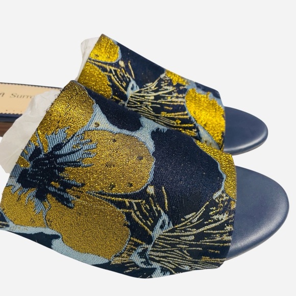 Soft Surroundings Priya Size 11 Brocade Fabric Slides Blue Gold - Picture 5 of 10